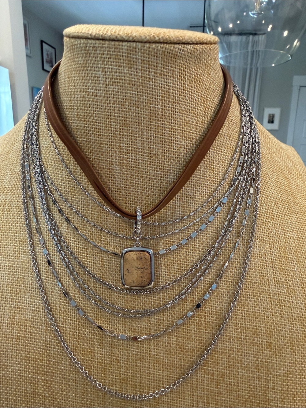 BHWM Layer SilverMulti-Chain Necklace with Brown Leather Cord and Stone Pendant